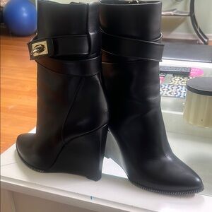 Givenchy Black Leather Wedge Ankle Boots with Buckle Accent